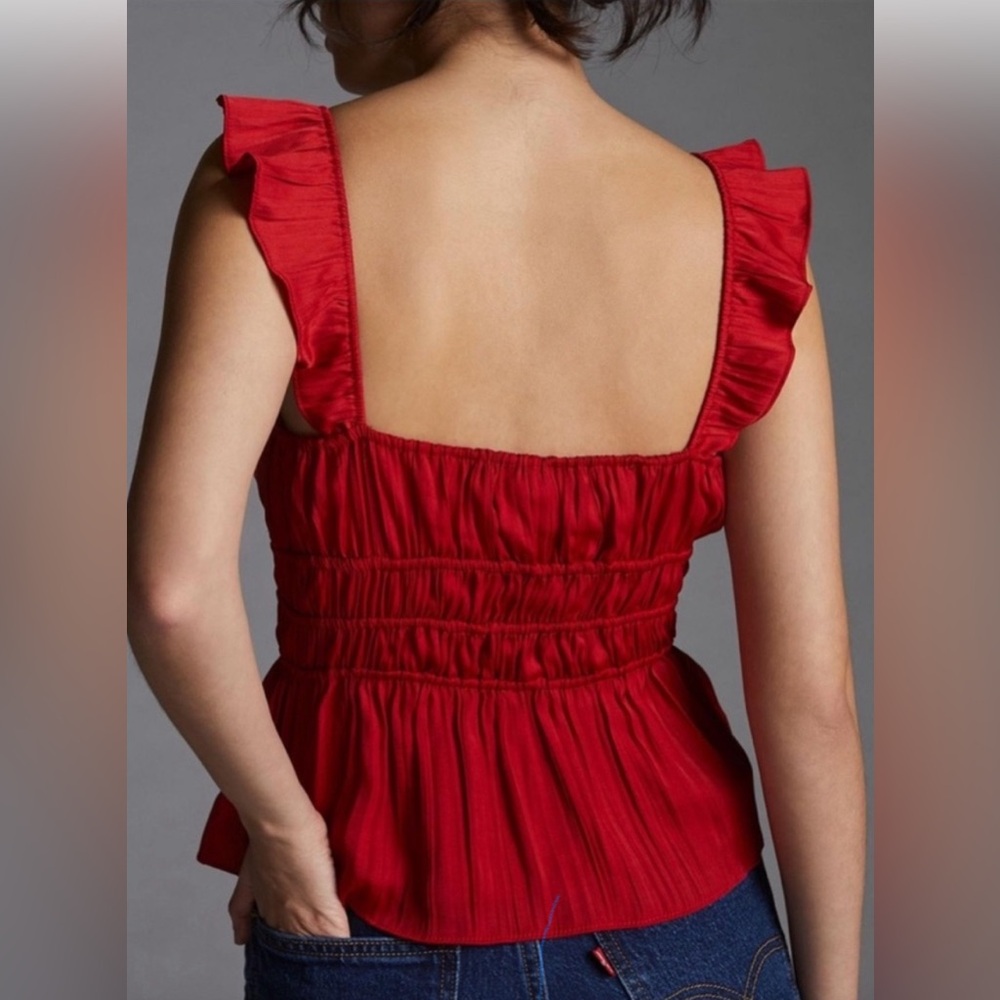 Red Anthropologie Blouse—Ruched, Smocked, Sleeveless with Ruffled Straps… - Picture 2 of 9